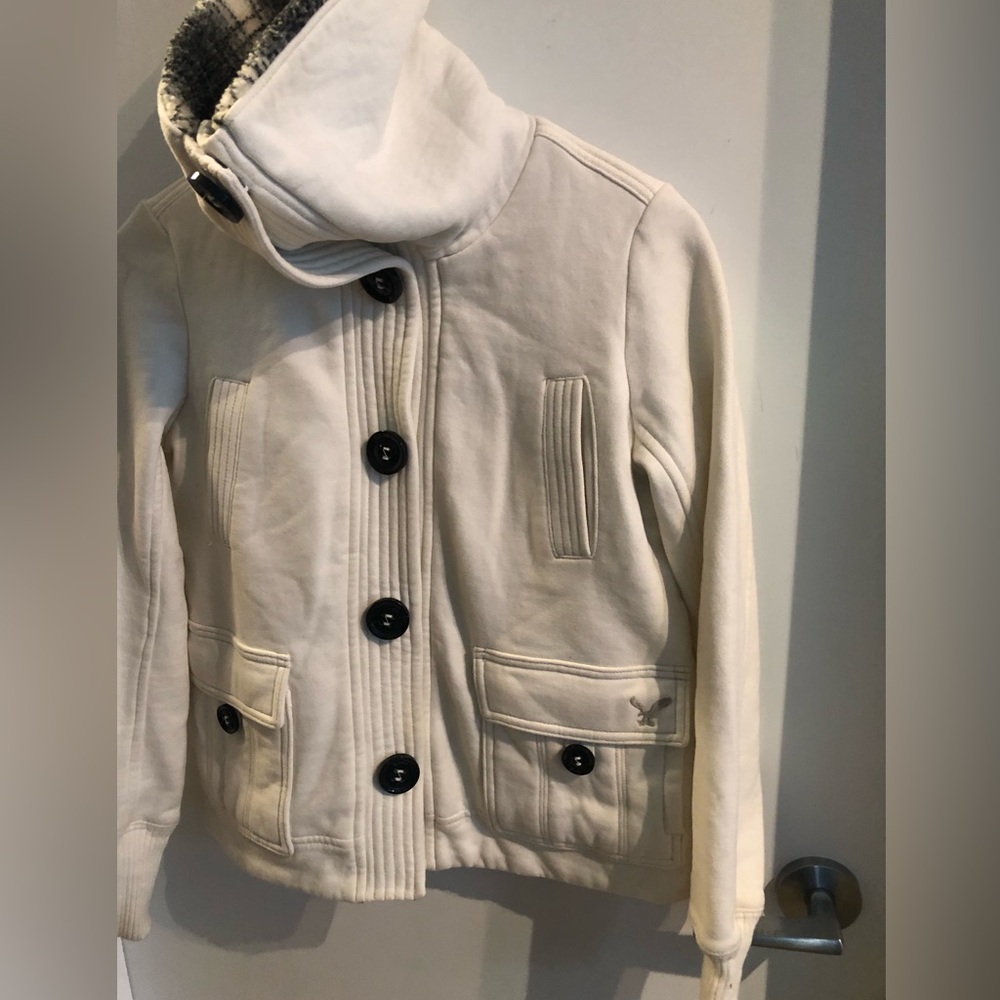 American Eagle Outfitters Cream Bomber Jacket with Black Plaid Collar - Picture 6 of 13
